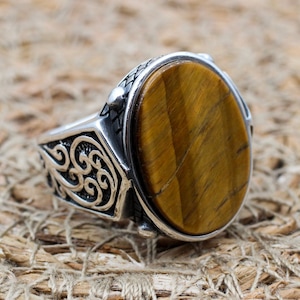Tiger Eye Ring, Men&#39;s Handmade Ring, Turkish Handmade Silver Men Ring, Ottoman Ring, Men&#39;s Jewelry, Gift for Him, 925k Sterling Silver Ring