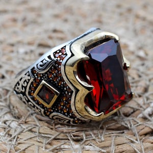 Ruby Men&#39;s Ring, Ottoman Men&#39;s Ring, Handmade Men&#39;s Ring, Turkish Handmade Men&#39;s Ring, Men&#39;s Jewelry, Gift for Him, 925 Sterling Silver