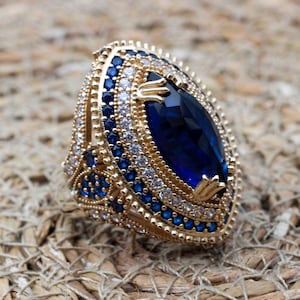 Sapphire Ring, Handmade Women's Ring, Turkish Handmade Ring, Authentic Ring, Ottoman Ring, Ladies Ring, 925k Sterling Silver, Gift For Her,