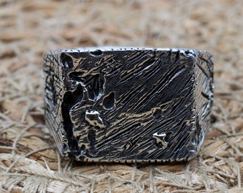 Handmade Ottoman Men's Ring: Tree Bark 925k Sterling Silver