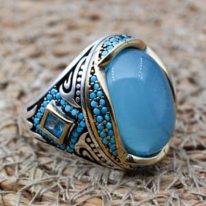 Mens Handmade Ring, Turkish Handmade Silver Men Ring, Ottoman Ring, Paraiba Mens Ring, Men&#39;s Jewelry, Gift for Him, 925 Sterling Silver Ring