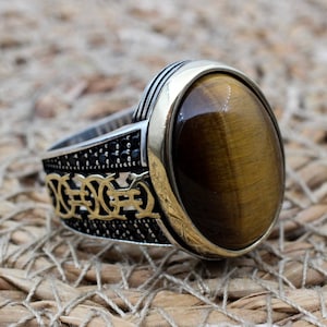 Tiger Eye Men&#39;s Ring: Handmade Ottoman 925 Sterling Silver