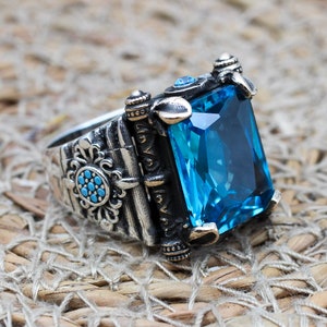 Bague pour homme aigue-marine, bague pour homme en argent turque faite main, bague ottomane, bague en pierre carrée, bijoux pour homme, cadeau pour lui, argent sterling 925 carats