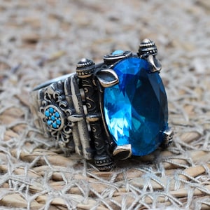Bague pour homme aigue-marine, bague pour homme en argent turque faite main, bague ottomane, bague en pierre ovale, bijoux pour homme, cadeau pour lui, bague en argent sterling 925 carats