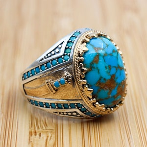 Handgjord jemenitisk ring i 925k sterlingsilver med turkosmotiv, ottomansk stil