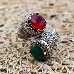 Anillo de esmeralda y rubí hecho a mano: Anillo otomano ajustable de plata de ley 925k