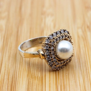 Handmade Women Ring, Pearl Ring, Turkish Handmade Ring, Authentic Ring, Ottoman Women Ring, Zircon Ring, Ladies Ring, 925k Sterling Silver,