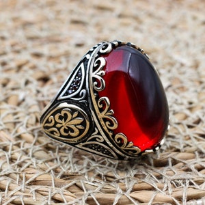 Mens Handmade Ring, Turkish Handmade Silver Men Ring, Ottoman Men Ring, Ruby Ring, Men's Jewelry, Gift for Him, 925k Sterling Silver Ring