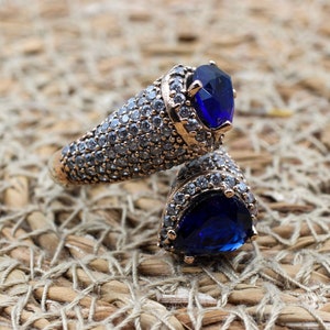 Sapphire Adjustable Ring, Handmade Womens Ring, Authentic Ring, Turkish Handmade Ring, Ottoman Women Ring, Ladies Ring, 925k Sterling Silver
