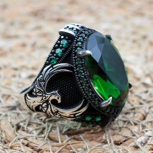 Men Handmade Ring, Turkish Handmade Silver Men Ring, Ottoman Men Ring, Emerald Ring, Phoenix Ring, Gift for Him, 925k Sterling Silver Ring