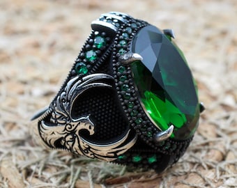 Men Handmade Ring, Turkish Handmade Silver Men Ring, Ottoman Men Ring, Emerald Ring, Phoenix Ring, Gift for Him, 925k Sterling Silver Ring