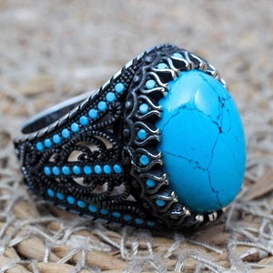Men's Handmade Ring, Turquoise Men's Ring, Turkish Handmade Ring, Silver Men's Ring, Ottoman Men's Ring, Gift for Him, 925k Sterling Silver