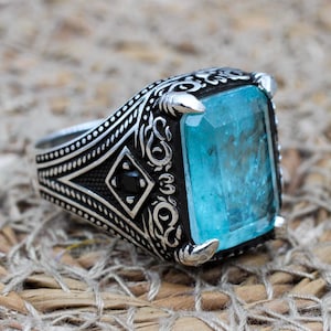 Paraiba Men&#39;s Ring, Men&#39;s Handmade Ring, Turkish Handmade Men&#39;s Ring, Ottoman Men&#39;s Ring, Mens Ring, Gift for Him, 925k Sterling Silver