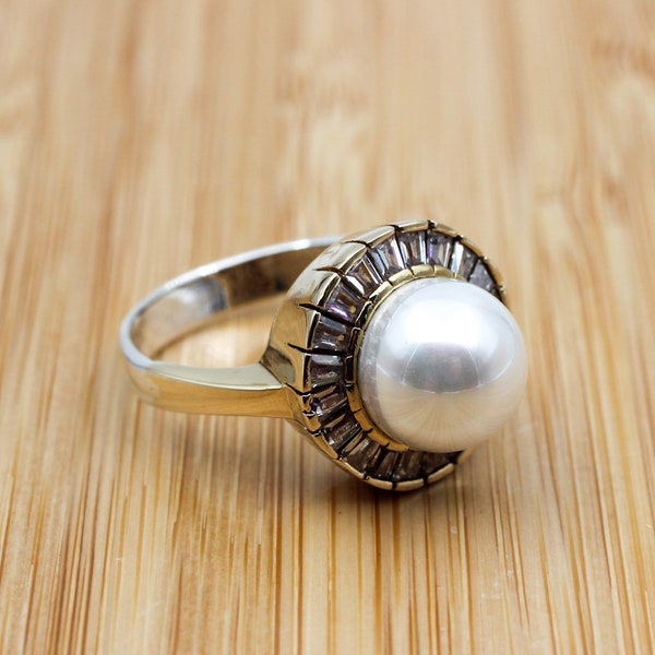 Handmade Pearl Ring: 925k Sterling Silver, Zircon Ottoman Ring