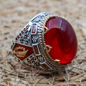 Mens Handmade Ring, Turkish Handmade Silver Men Ring, Ottoman Men Ring, Ruby Ring, Men's Jewelry, Gift for Him, 925k Sterling Silver Ring