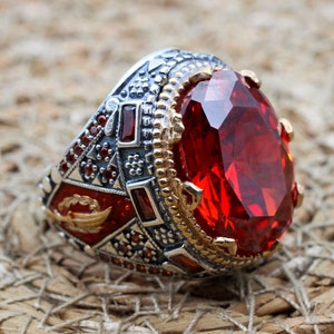 Mens Handmade Ring, Turkish Handmade Silver Men Ring, Ottoman Men Ring, Ruby Ring, Men's Jewelry, Gift for Him, 925k Sterling Silver Ring