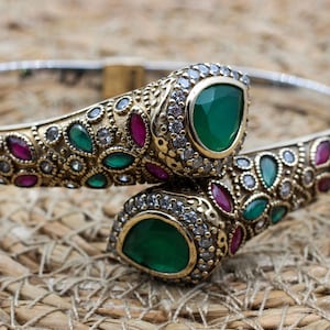 Emerald Ruby Sterling Silver Ottoman Bangle Cuff