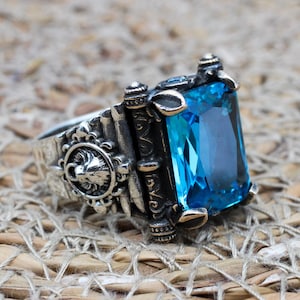 Bague pour homme aigue-marine, bague pour homme en argent turque faite main, bague ottomane, bague en pierre carrée, bijoux pour homme, cadeau pour lui, argent sterling 925 carats