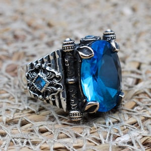 Bague pour homme aigue-marine, bague pour homme en argent turque faite main, bague ottomane, bague en pierre ovale, bijoux pour homme, cadeau pour lui, bague en argent sterling 925 carats