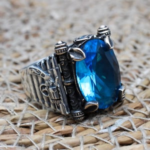 Bague homme aigue-marine, bague homme turque faite main, bague ottomane, bague figurée, bague pierre ovale, bijoux homme, cadeau pour lui, argent sterling 925 carats