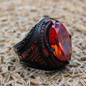 Robijnrode ring, handgemaakte herenring, Turkse handgemaakte herenring, Ottomaanse herenring, herensieraden, cadeau voor hem, 925k sterlingzilveren ring