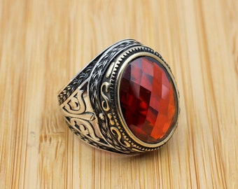 Mens Handmade Ring, Turkish Handmade Silver Men Ring, Ottoman Men Ring, Ruby Ring, Men's Jewelry, Gift for Him, 925k Sterling Silver Ring