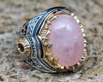 Handmade Mens Ring, Turkish Handmade Silver Men Ring, Ottoman Men Ring, Rose Quartz Ring, Men&#39;s Jewelry, Gift for Him, 925k Sterling Silver,