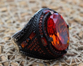 Ruby Ring, Handmade Men's Ring, Turkish Handmade Men's Ring, Ottoman Men's Ring, Men's Jewelry, Gift for Him, 925k Sterling Silver Ring
