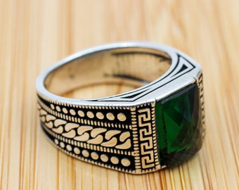 Handmade Emerald Ring: Turkish 925k Sterling Silver Men's Jewelry