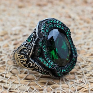 Emerald Men&#39;s Ring, Ottoman Men&#39;s Ring, Handmade Men&#39;s Ring, Turkish Handmade Men&#39;s Ring, Men&#39;s Jewelry, Gift for Him, 925 Sterling Silver