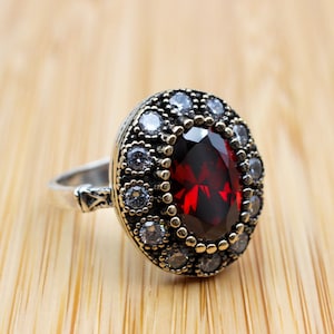 Handmade Ruby Zircon Ring: Ottoman Turkish 925k Sterling Silver
