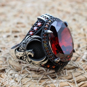 Mens Handmade Ring, Turkish Handmade Silver Men Ring, Ottoman Men Ring, Ruby Ring, Men&#39;s Jewelry, Gift for Him, 925k Sterling Silver Ring