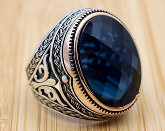 Turkish Handmade Silver Men Ring, Mens Handmade Ring, Ottoman Ring, Sapphire Ring, Men&#39;s Jewelry, Gift for Him, 925k Sterling Silver Ring