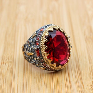 Mens Handmade Ring, Turkish Handmade Silver Men Ring, Ottoman Men Ring, Ruby Ring, Men's Jewelry, Gift for Him, 925k Sterling Silver Ring