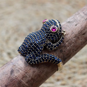 Sapphire Frog Ring, Handmade Women&#39;s Ring, Frog Ring, Turkish Handmade Ring, Ottoman Women Ring, Ladies Ring, 925k Sterling Silver, Frog,