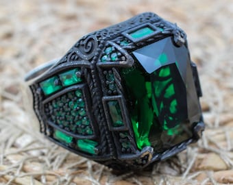Men's Emerald Ring, Handmade Men's Ring, Turkish Handmade Ring, Silver Men's Ring, Men's Jewelry, Gift for Him, 925k Sterling Silver Ring,