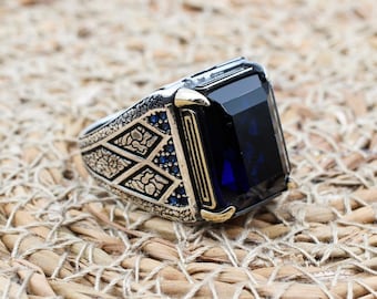 Sapphire Men&#39;s Ring, Ottoman Men&#39;s Ring, Handmade Men&#39;s Ring, Turkish Handmade Men&#39;s Ring, Men&#39;s Jewelry, Gift for Him, 925 Sterling Silver
