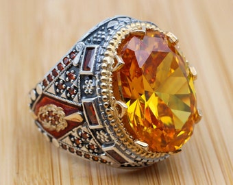 Citrine Men&#39;s Ring, Handmade Men&#39;s Ring, Turkish Handmade Ring, Ottoman Men&#39;s Ring, Men&#39;s Jewelry, Gift for Him, 925k Sterling Silver Ring