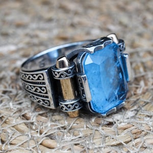 Paraiba Men&#39;s Ring, Men&#39;s Handmade Ring, Turkish Handmade Men&#39;s Ring, Ottoman Men&#39;s Ring, Mens Ring, Gift for Him, 925k Sterling Silver