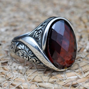 Ruby Men's Ring, Handmade Men's Ring, Turkish Handmade Silver Mens Ring, Ottoman Mens Ring, Mens Jewelry, Gift for Him, 925 Sterling Silver