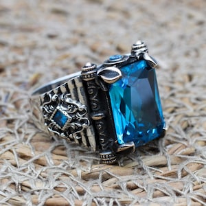 Bague pour homme aigue-marine, bague pour homme en argent turque faite main, bague ottomane, bague en pierre carrée, bijoux pour homme, cadeau pour lui, argent sterling 925 carats