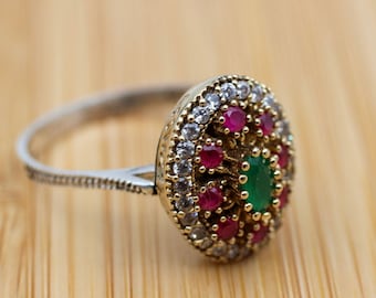 Handmade Sterling Silver Emerald Ring, Ottoman Cubic Zircon Ring