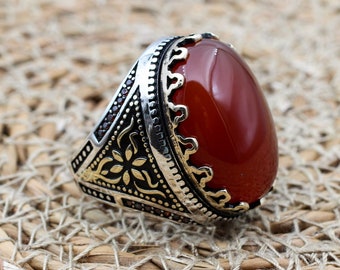 Handmade Agate Men's Ring: Ottoman 925 Sterling Silver Jewelry