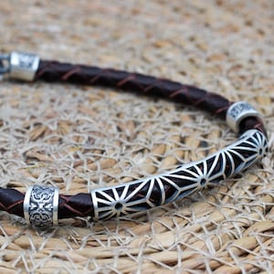 Mens Bracelet, Leather-Silver Mens Bracelet, Silver Mens Bracelet, Mens Gifts, Vintage Leather Bracelet, Gift for Him, 925k Sterling Silver