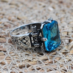 Bague pour homme aigue-marine, bague pour homme en argent turque faite main, bague ottomane, bague en pierre carrée, bijoux pour homme, cadeau pour lui, argent sterling 925 carats