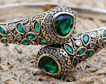 Emerald Bracelet, Ottoman Bracelet, Handmade Bracelet, Bangle Cuff, Turkish Handmade, Bangle Bracelet, Gift for Her, 925k Sterling Silver,