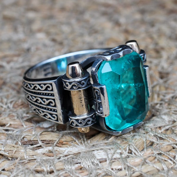 Paraiba Gemstone Men's Ring: Handmade 925k Sterling Silver Ottoman Style