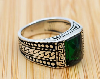 Men&#39;s Emerald Ring, Handmade Ring, Turkish Handmade Silver Men Ring, Cubic Zircon, Men&#39;s Jewelry, Gift for Him, 925k Sterling Silver Ring