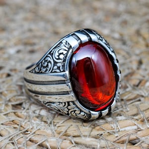 Ruby Men&#39;s Ring, Handmade Men&#39;s Ring, Turkish Handmade Silver Mens Ring, Ottoman Mens Ring, Mens Jewelry, Gift for Him, 925 Sterling Silver