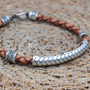 Mens Bracelet, Leather-Silver Mens Bracelet, Silver Mens Bracelet, Mens Gifts, Vintage Leather Bracelet, Gift for Him, 925k Sterling Silver